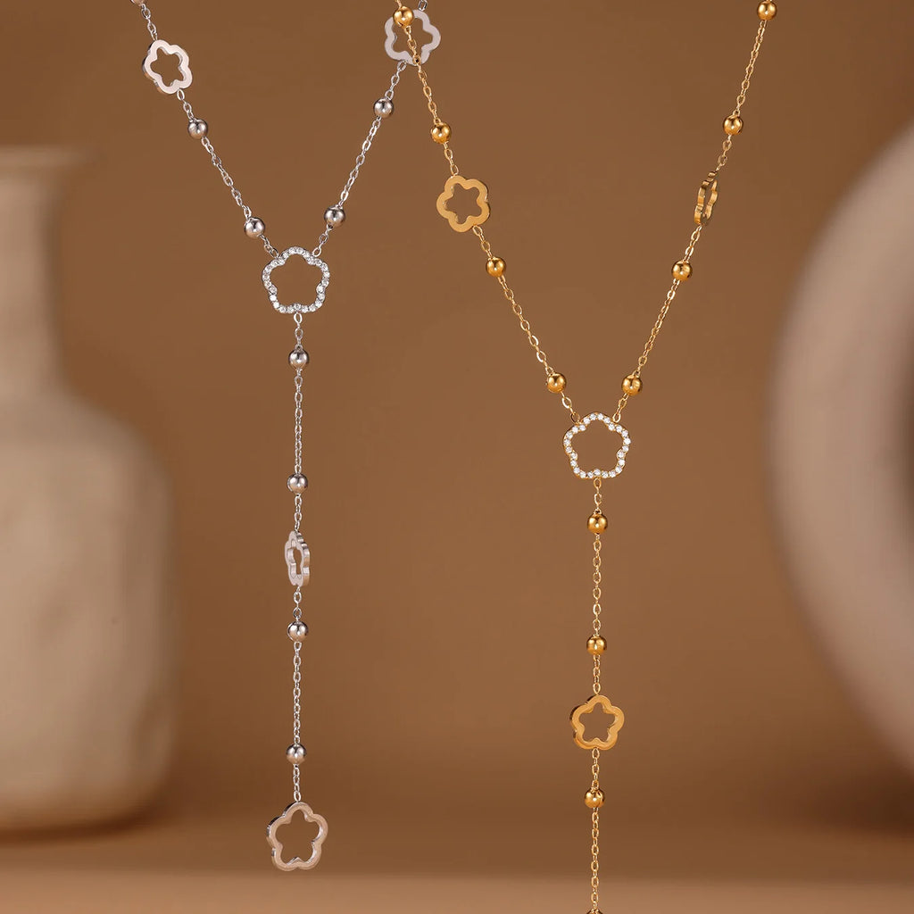Liora Long Flower Chain Stainless Steel Zircon Necklaces For Women PVD Gold Plated Metal Female Collar Party Wedding Jewelry