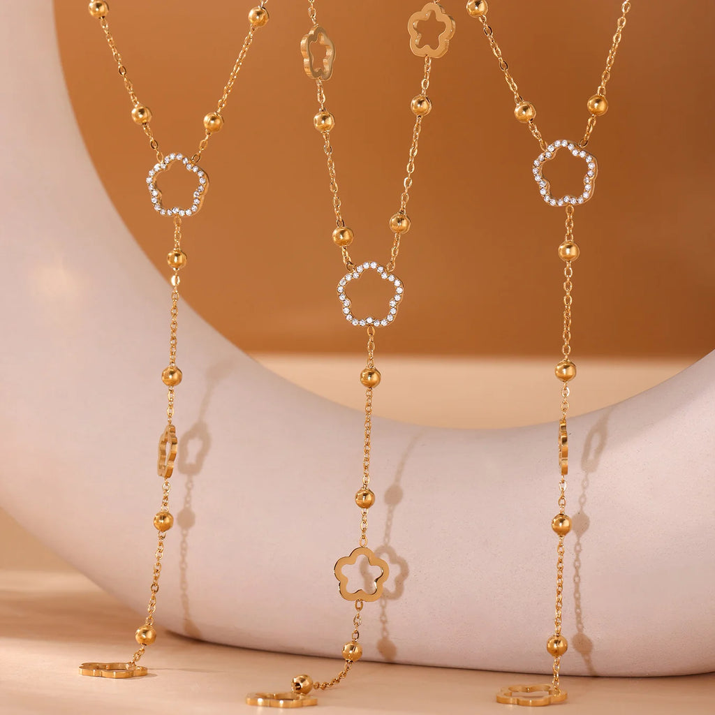 Liora Long Flower Chain Stainless Steel Zircon Necklaces For Women PVD Gold Plated Metal Female Collar Party Wedding Jewelry