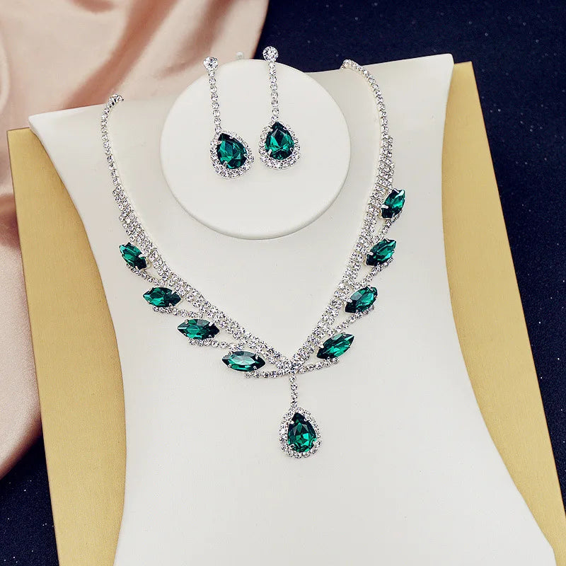 FYUAN Pink Red Green Blue Crystal Necklace Earrings For Women Water Drop Pendant Wedding Bride Jewelry Sets Accessories