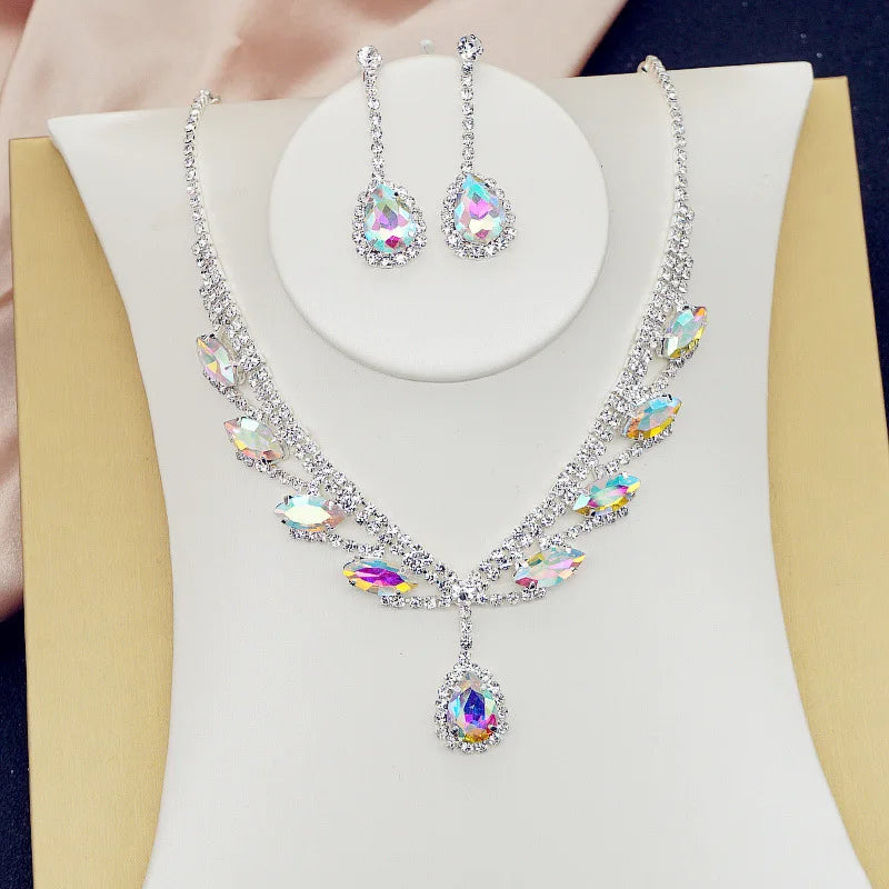 FYUAN Pink Red Green Blue Crystal Necklace Earrings For Women Water Drop Pendant Wedding Bride Jewelry Sets Accessories
