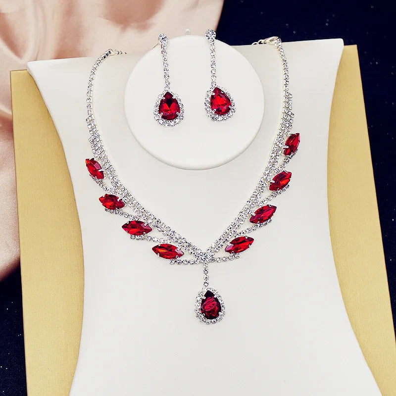 FYUAN Pink Red Green Blue Crystal Necklace Earrings For Women Water Drop Pendant Wedding Bride Jewelry Sets Accessories