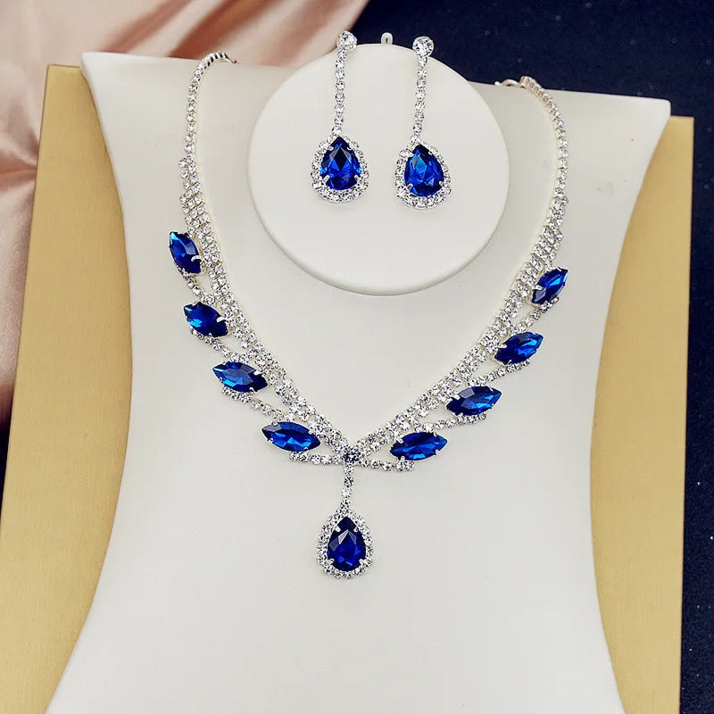 FYUAN Pink Red Green Blue Crystal Necklace Earrings For Women Water Drop Pendant Wedding Bride Jewelry Sets Accessories