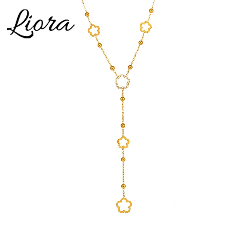 Liora Long Flower Chain Stainless Steel Zircon Necklaces For Women PVD Gold Plated Metal Female Collar Party Wedding Jewelry