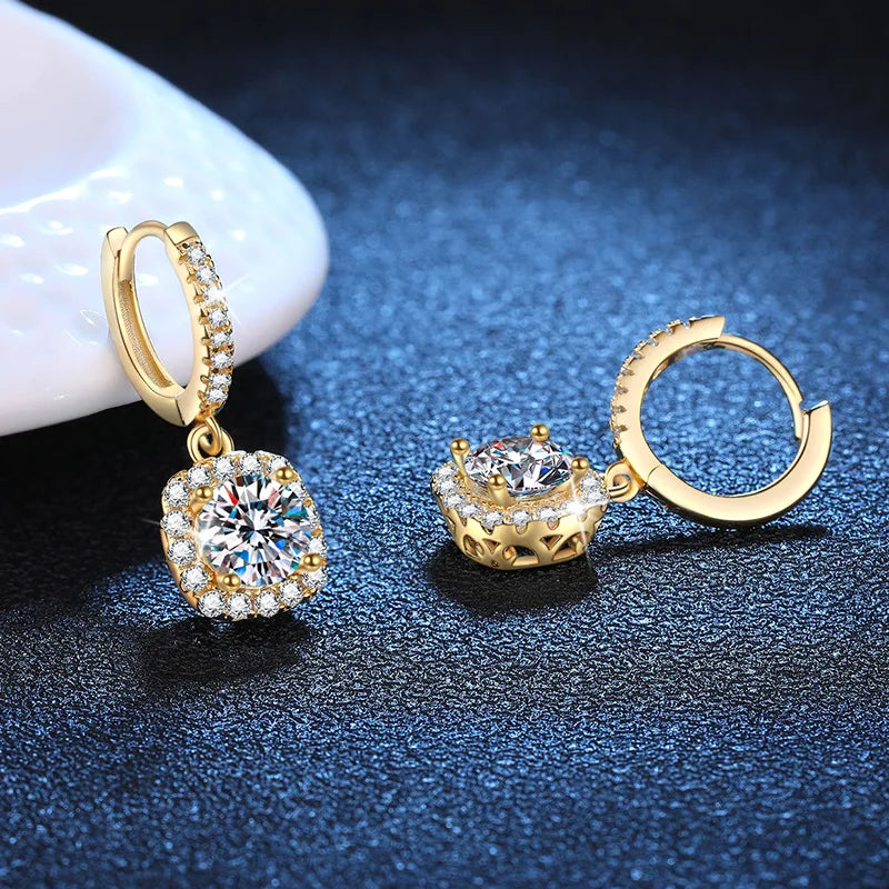 Luxury 100% Real 18k Gold  Women's Classic Square Moissanite Earrings with Diamond Studs