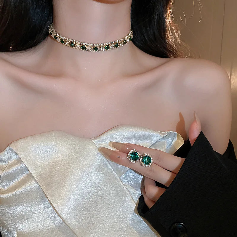 FYUAN Luxury Crystal Necklace Earrings Set Champagne Green Blue Black Necklace for Women Weddings Party Jewelry Sets Accessories
