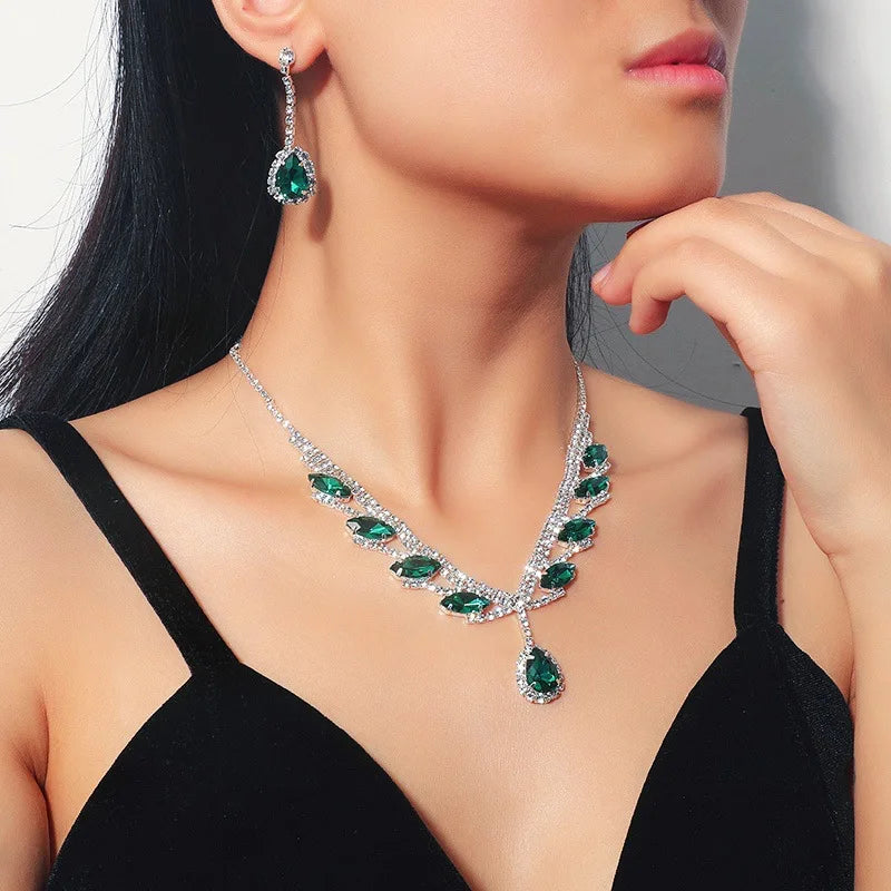 FYUAN Pink Red Green Blue Crystal Necklace Earrings For Women Water Drop Pendant Wedding Bride Jewelry Sets Accessories