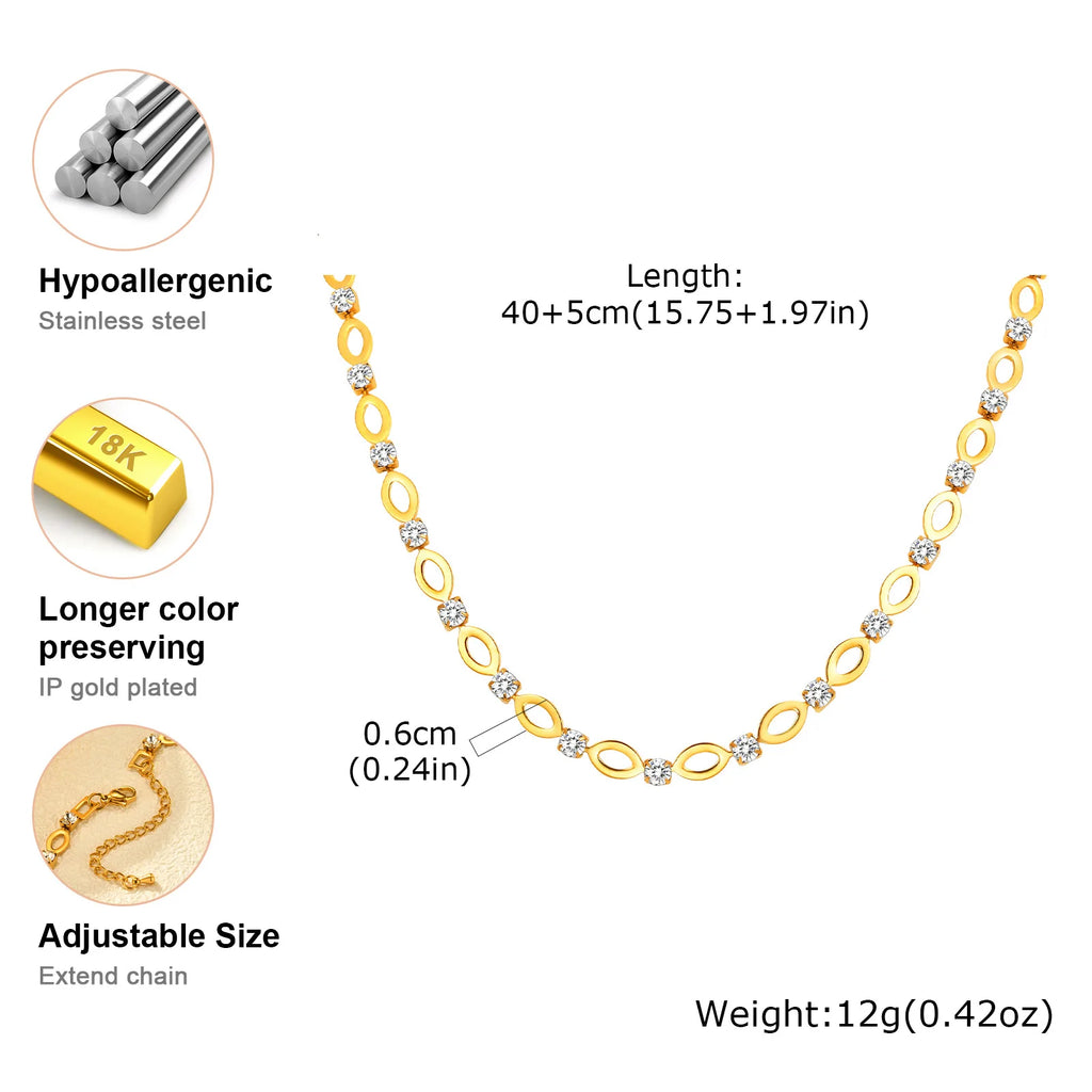 White Zircon Hollow Oval Handmade Chain Necklace,Gold Color Women's Stainless Steel Necklaces,Exquisite Jewelry Gifts