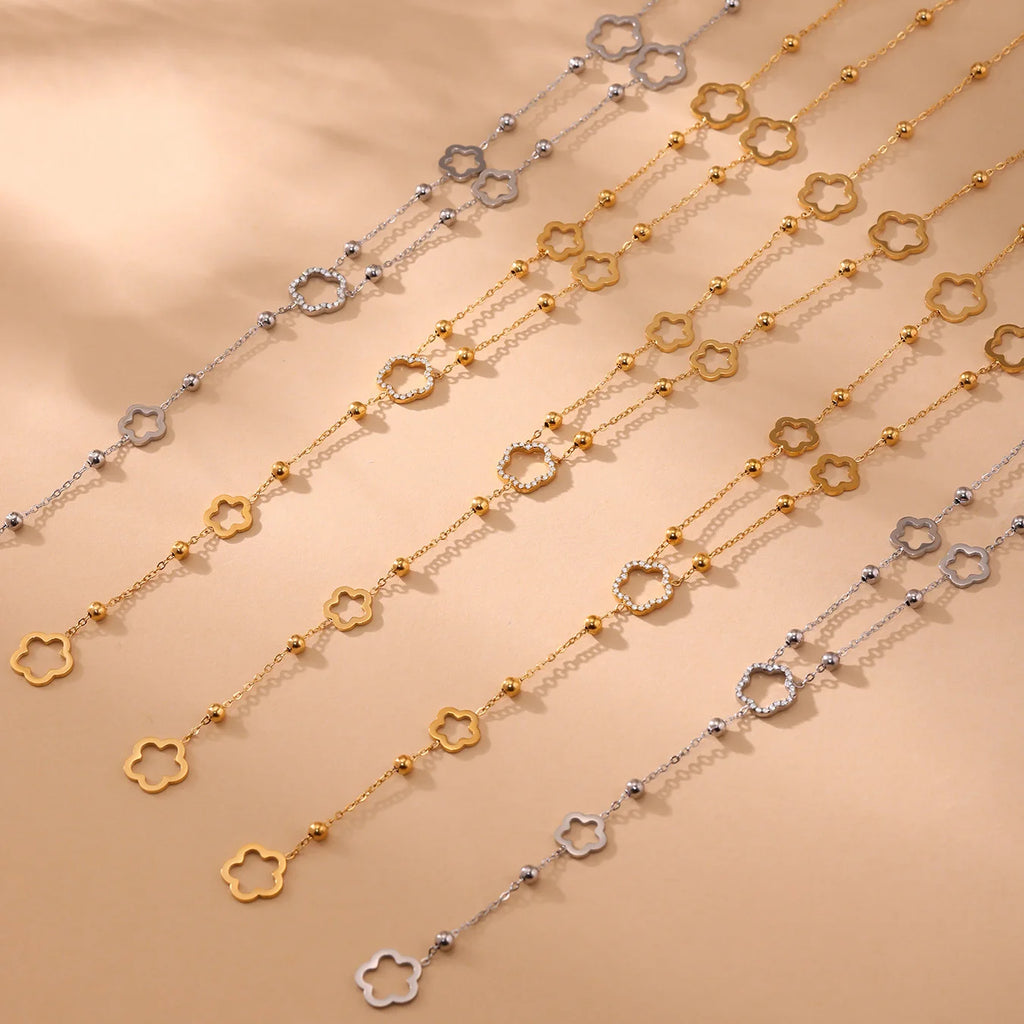 Liora Long Flower Chain Stainless Steel Zircon Necklaces For Women PVD Gold Plated Metal Female Collar Party Wedding Jewelry