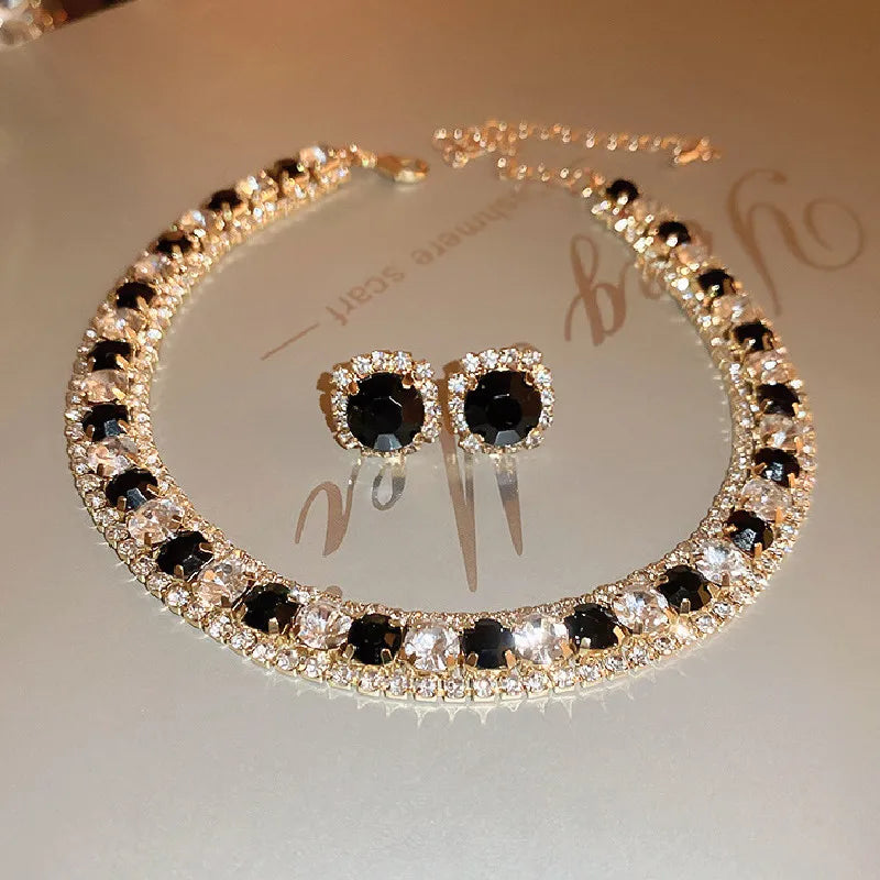 FYUAN Luxury Crystal Necklace Earrings Set Champagne Green Blue Black Necklace for Women Weddings Party Jewelry Sets Accessories