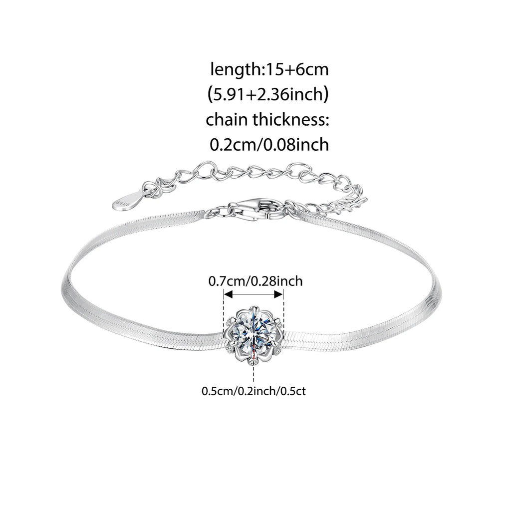 BAMOER 925 Sterling Silver 0.5CT Flower Buds Moissanite Bracelet Prong Setting Adjustable Snake Chain for Women Anniversary Gift