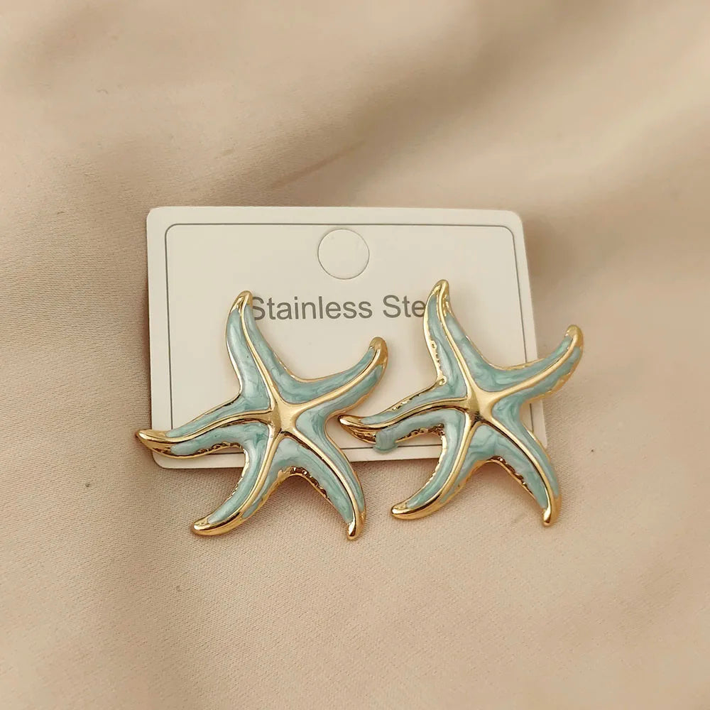 Charming starfish colored enamel gold-plated 18K women's earrings, high quality waterproof earrings, wife's gift