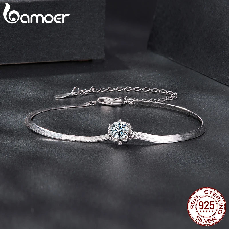 BAMOER 925 Sterling Silver 0.5CT Flower Buds Moissanite Bracelet Prong Setting Adjustable Snake Chain for Women Anniversary Gift
