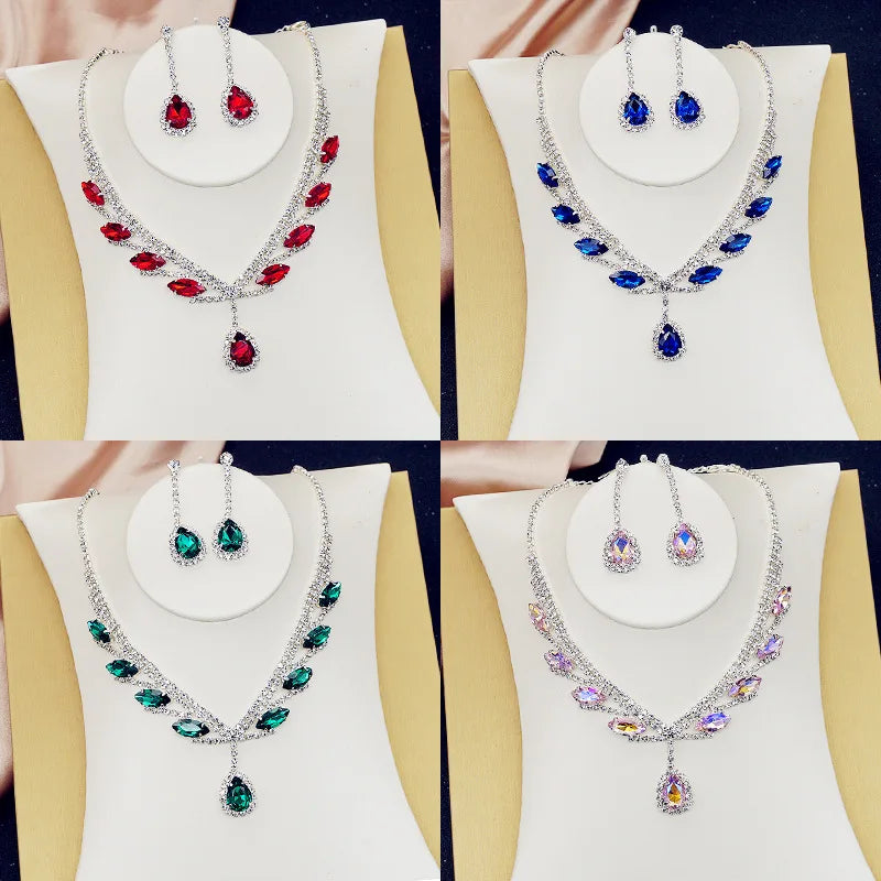 FYUAN Pink Red Green Blue Crystal Necklace Earrings For Women Water Drop Pendant Wedding Bride Jewelry Sets Accessories