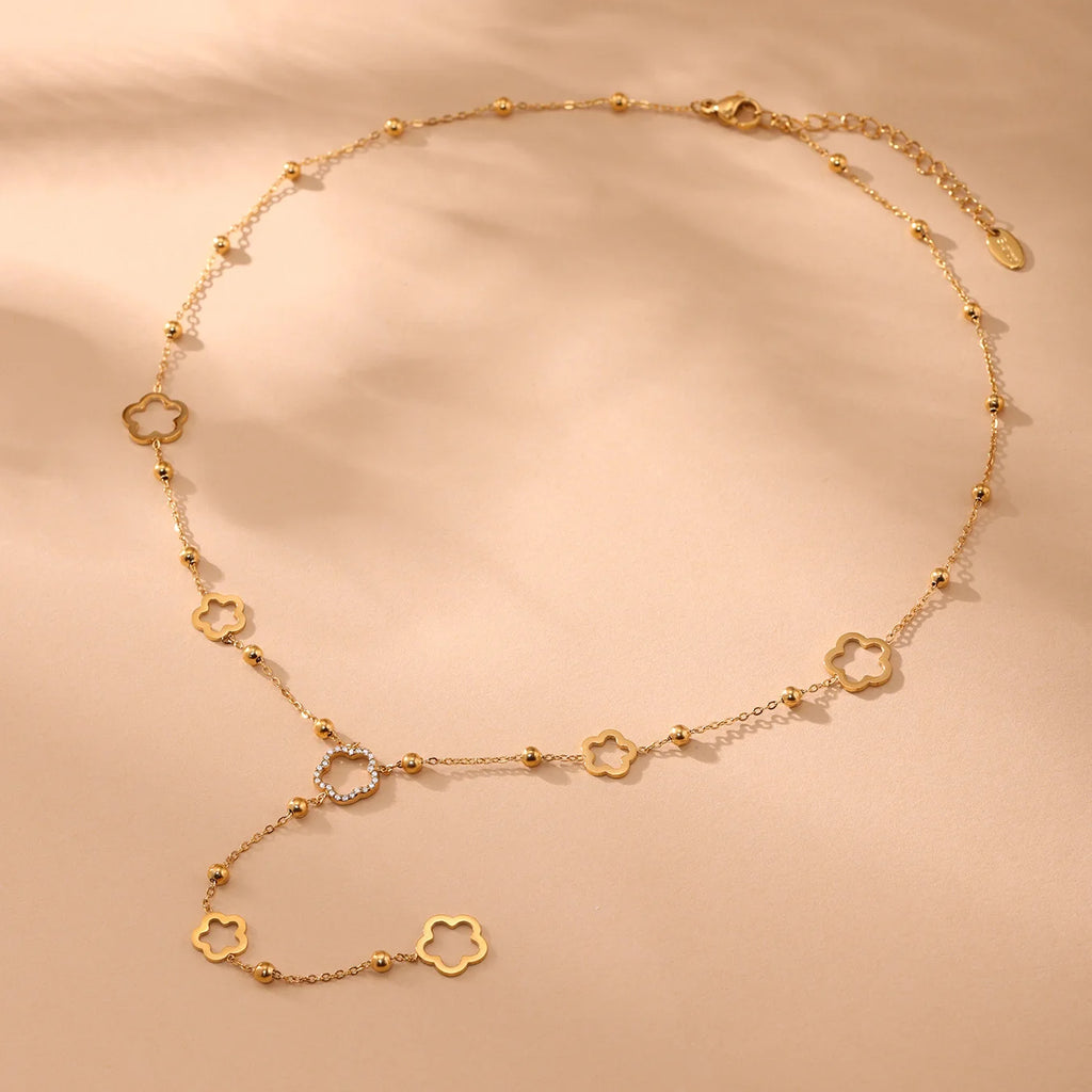 Liora Long Flower Chain Stainless Steel Zircon Necklaces For Women PVD Gold Plated Metal Female Collar Party Wedding Jewelry