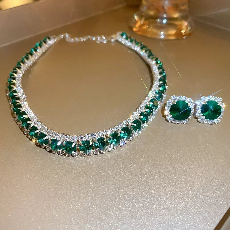 FYUAN Luxury Crystal Necklace Earrings Set Champagne Green Blue Black Necklace for Women Weddings Party Jewelry Sets Accessories