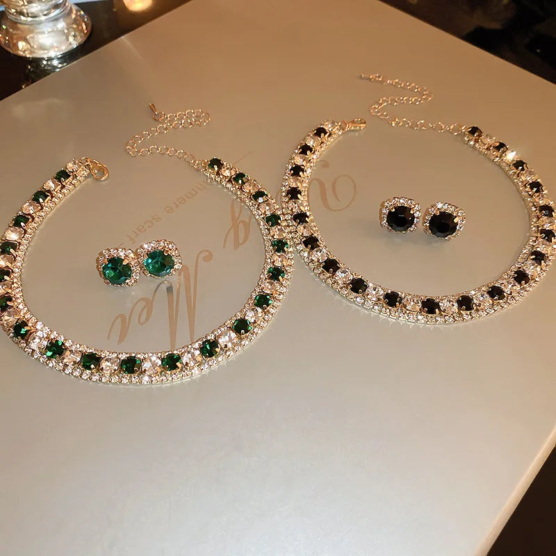 FYUAN Luxury Crystal Necklace Earrings Set Champagne Green Blue Black Necklace for Women Weddings Party Jewelry Sets Accessories