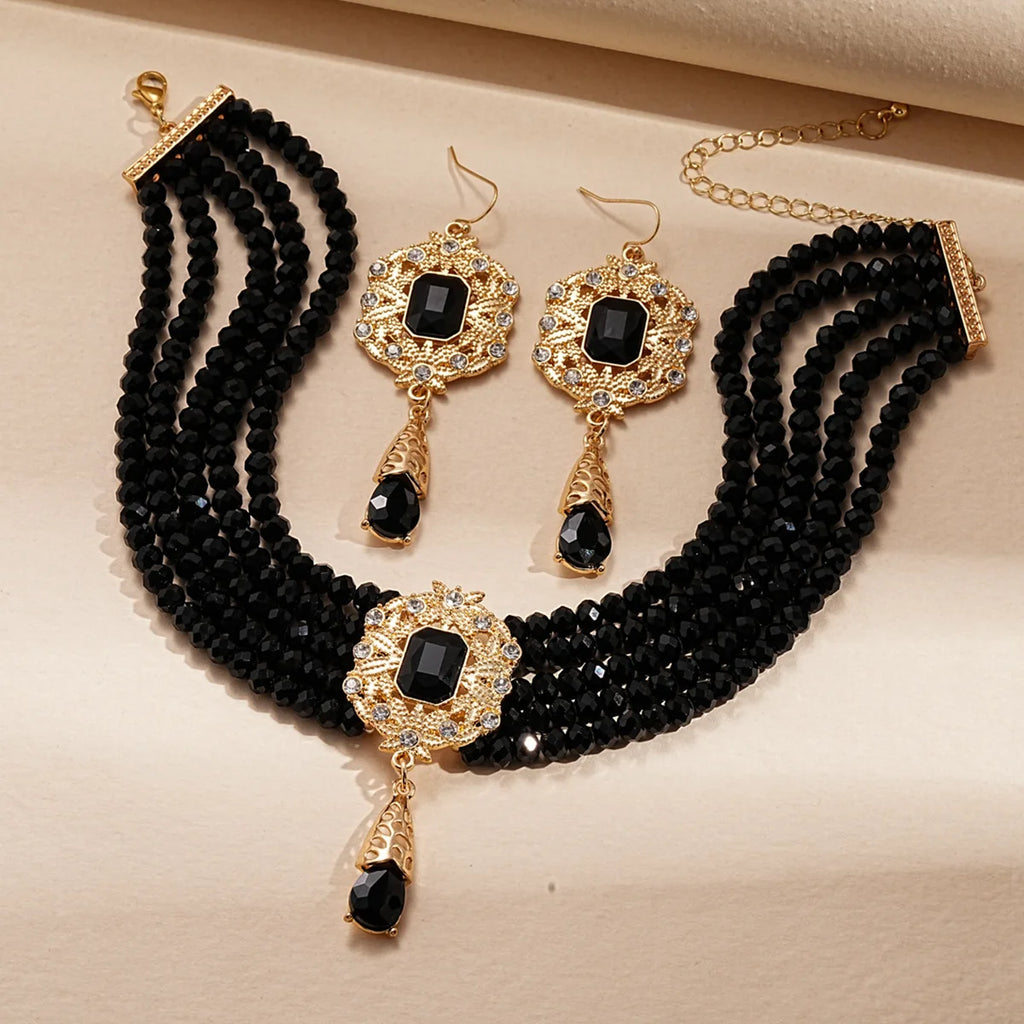 FYUAN Multilayer Green Red Blue Black Crystal Necklace Geometric Hollow Alloy Earrings For Women Weddings Banquet Jewelry Sets