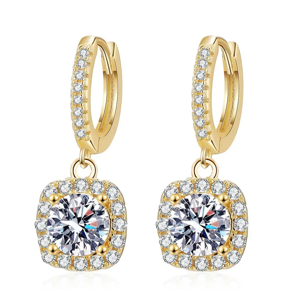 Luxury 100% Real 18k Gold  Women's Classic Square Moissanite Earrings with Diamond Studs