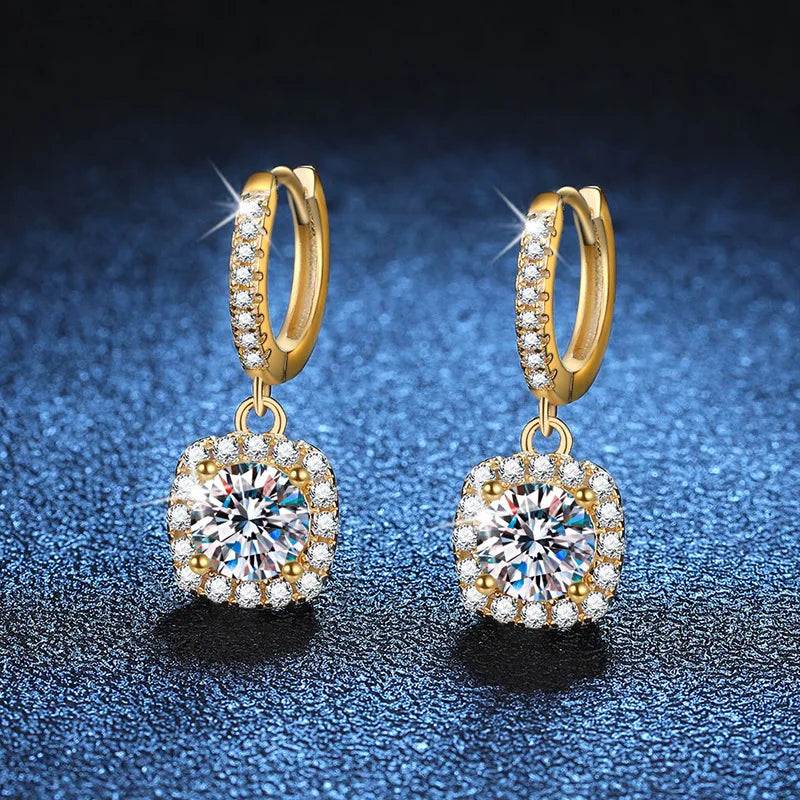 Luxury 100% Real 18k Gold  Women's Classic Square Moissanite Earrings with Diamond Studs