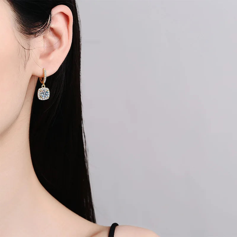 Luxury 100% Real 18k Gold  Women's Classic Square Moissanite Earrings with Diamond Studs