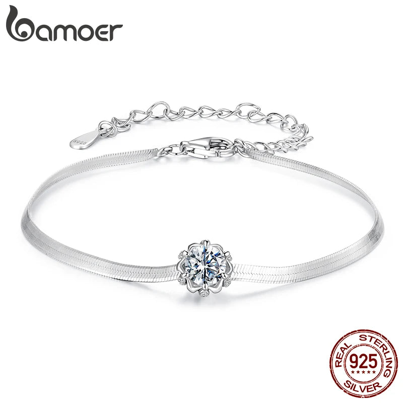 BAMOER 925 Sterling Silver 0.5CT Flower Buds Moissanite Bracelet Prong Setting Adjustable Snake Chain for Women Anniversary Gift