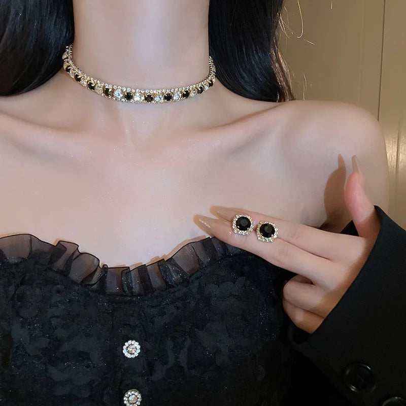 FYUAN Luxury Crystal Necklace Earrings Set Champagne Green Blue Black Necklace for Women Weddings Party Jewelry Sets Accessories